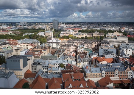 Old & New City of Riga, Latvia - September 27, 2015: Bird\'s eye views of the city from St. Peter\'s church lookout at 72 meters above ground