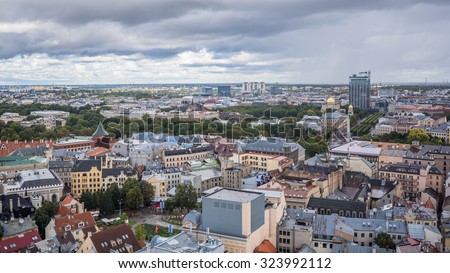 Old & New City of Riga, Latvia - September 27, 2015: Bird's eye views of the city from St. Peter's church lookout at 72 meters above ground