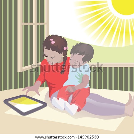 illustration of two children playing on tablet PC while sun is shining outside their window