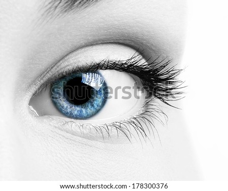 Close-up macro image of human eye with blue iris and desaturated skin