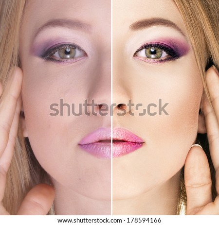 woman\'s portrait with a bright makeup, beauty concept before and after contrast, power of retouch