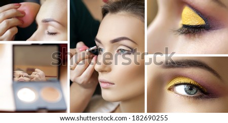 Set of makeup process, backstage, before and after