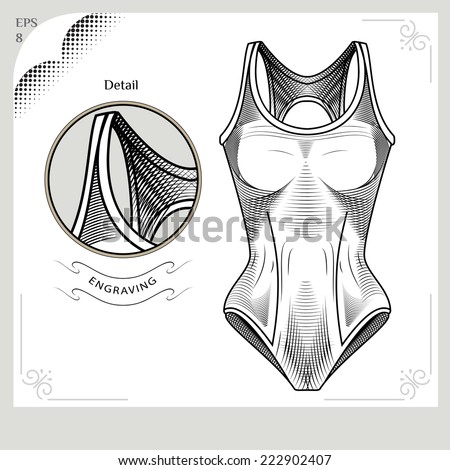Clothes for swimmers. Sportswear. Water Sports. Swimsuit. Swimming in the pool. Illustration in style of engraving