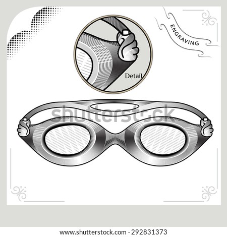 Clothes for swimmers. Sportswear. Clothes for Water Sports. Glasses for swimming an style of engraving. Hand drawn swimming goggles. Accessories for swimming