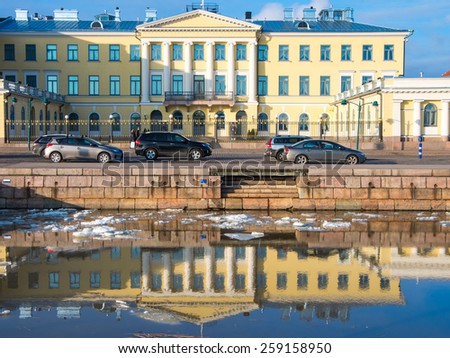Residence of the President of Finland (President's palace) in Helsinki, Finland, build in classic architectural style reflecting in water - architecture background