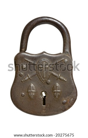 Antique crusade lock with shield and cross, swords, and two soldiers heads wearing helmets isolated on a white background