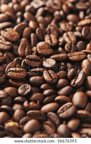 Coffee beans shattered to fill up the entire frame and short depth of field