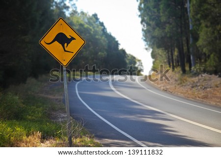 Australian native kangaroo road sign on the road in Queensland