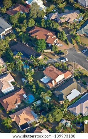 Aerial view of the suburbs roofs near Brisbane, Australia.