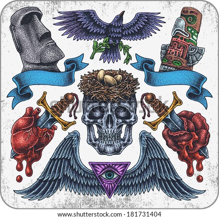 Hand-drawn set of old school tribal theme tattoos Hand-drawn set of old school tribal theme tattoos