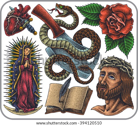 Hand-drawn set of old school religion symbols theme tattoos.