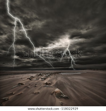 Lightning Flashes Across The Beach From A Powerful Storm