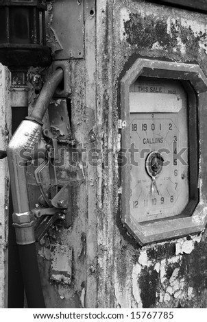 Black and white shot of an abandoned fuel pump