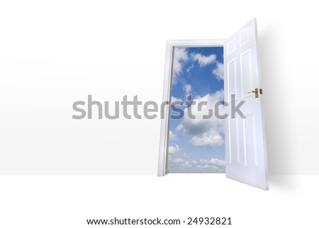 stock photo An open door leading to a bright summer sky