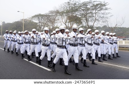 Indian Army, Air Force, Navy and other people preparing for annual Republic Day Parade during a dress rehearsal held on January 20, 2015 in Calcutta, India.