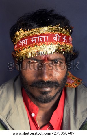 Rajendar from UP came for Holy dip in River Ganges on occasion of Ganga Sagar fair on January 10, 2015 in Calcutta, India.