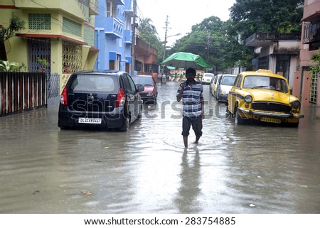 Water Log Street of Calcutta due to monsoon rain on October 26, 2013 in Calcutta, India.