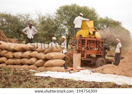 BEED, MAHARASHTRA, INDIA - November 23, 2013: farm labor working on small soybean harvesting machine in rural village Salunkwadi