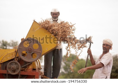BEED, MAHARASHTRA, INDIA - November 23, 2013: farm labor working on small soybean harvesting machine in rural village Salunkwadi