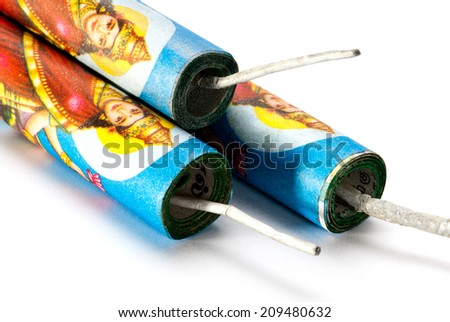 Indian Goddesses Lakshmi image on firecrackers for Diwali festival isolated on white background Indian Goddesses Lakshmi image on firecrackers for Diwali festival isolated on white background