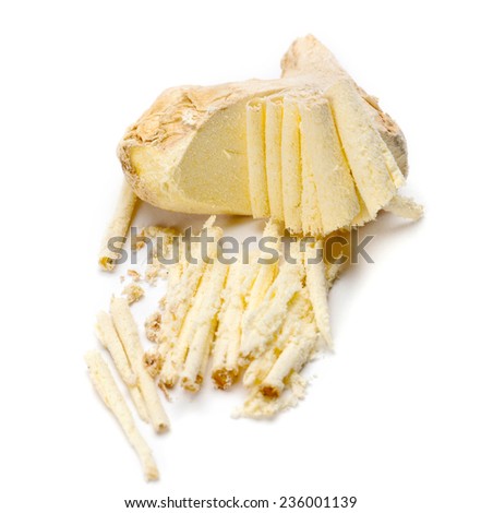 Dry ginger root grated isolated on white background