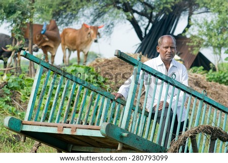 Farmer in bullock cart Salunkwadi Ambajogai Beed Maharashtra India