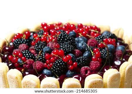 Fresh raspberries, blackberries and currants cake