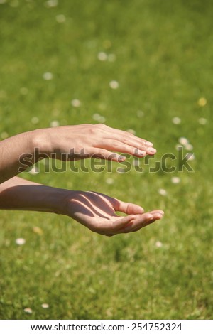Hands trying to feel energy of the nature