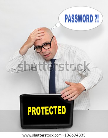 Frustrated businessman that cannot remember to his password. End of holidays, back to work concept.