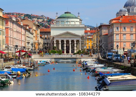 Trieste neo-classical Church of St. Antonio Thaumaturgo over The Grand Canal. Italy.