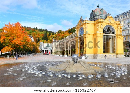 Marianske Lazne Spa, The Singing Fountain. The most famous fountain contains 10 intrinsic water jet systems with more than 250 water jets.
