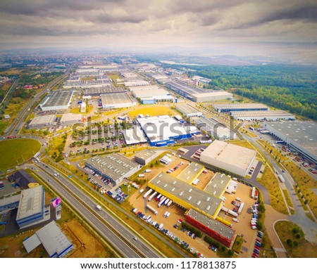 Aerial view to industrial zone and technology park on Karlov suburb of Pilsen city in Czech Republic, Europe. European industry from above.
