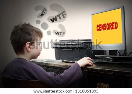 Little boy looking at computer with censored content. Welcome to fantasy. Social network and internet security theme.