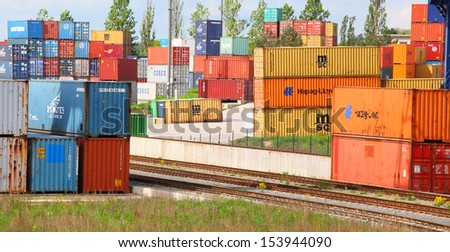 NYRANY, CZECH REPUBLIC - MAY 25: Big container terminal on a railroad with open storage area 50 000sqm. Terminal has a capacity of 40 trucks/day. May 25, 2013 in Nyrany, Czech Republic.
