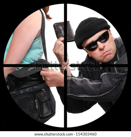Thief stealing from handbag in a police sniper\'s scope. Security and insurance concept.
