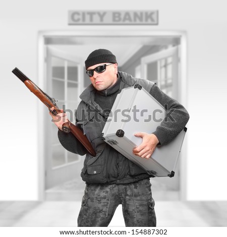 Dangerous gangster with stolen money fleeing from the bank.