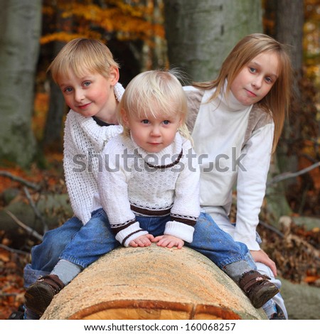 Funny kids playing peek a boo in autumn forest.