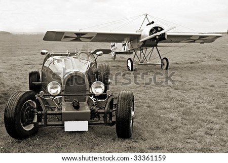 Historic racer and historic monoplane Fokker Eindecker - vintage photography