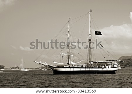 Historic sailboat with pirate Black-jack at Volcano Island - vintage photography