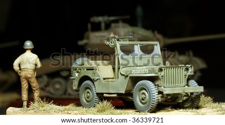 WWII scene Us soldier with car - marking on car is fictive - plastic kit 1:48 scale homemade work