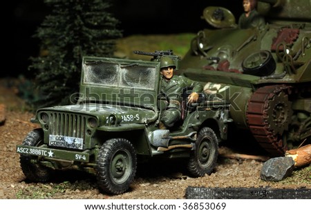 WWII scene Us soldier with car - marking on car is fictive - plastic kit 1:48 scale - homemade work