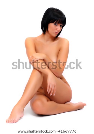 stock photo Picture of sitting healthy naked woman over white