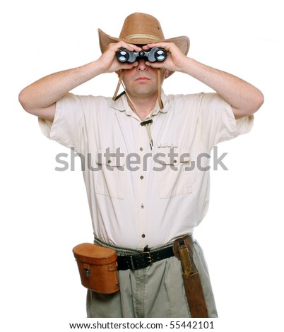 Park ranger watching closely wildlife with his binoculars.  Studio shot isolated on white background