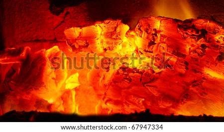Picture of a fire. Burning coal in fireplace.