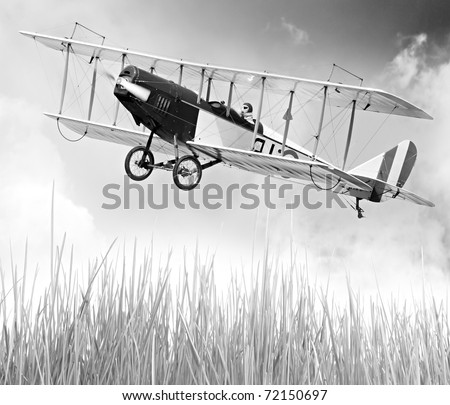 Vintage style picture of a flying biplane (homemade radio controlled scale-model 1:24 scale)