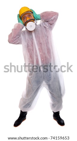 Worried worker in protective suit for bio-hazard on white background.