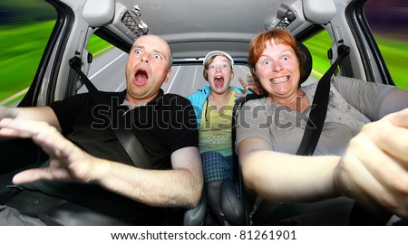 Funny picture of crazy family riding on a holiday.