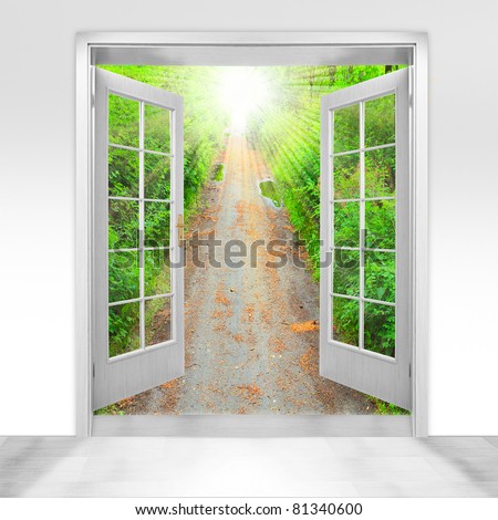 Opened door to early morning in green garden - conceptual image - environmental business metaphor.