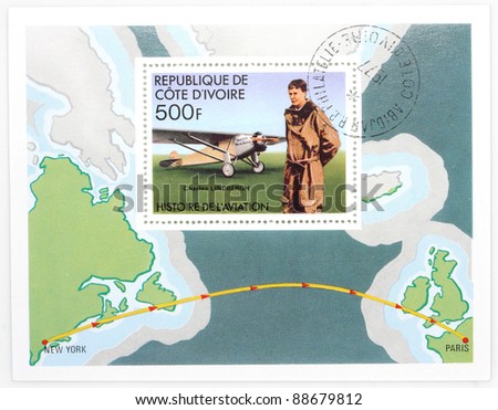 IVORY COAST - CIRCA 1977: A stamp printed in The Ivory Coast shows Charles Lindbergh The pilot of the first nonstop flight made in either direction between New York City and Paris, circa 1977.