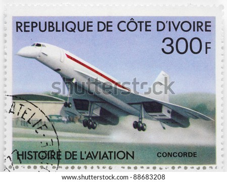 IVORY COAST - CIRCA 1977: A stamp printed in The Ivory Coast shows Aérospatiale-BAC Concorde a turbojet-powered supersonic passenger airliner with 144 seats, circa 1977.
